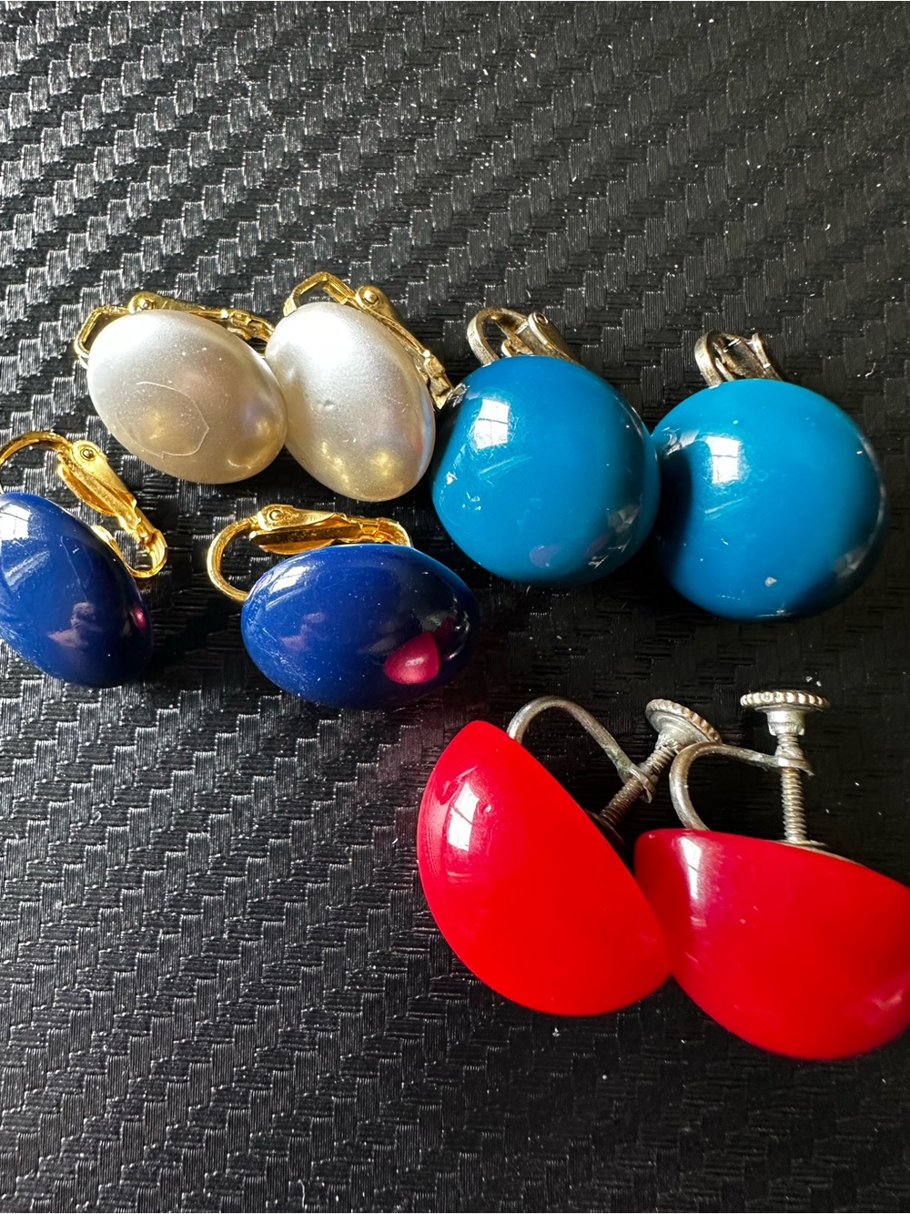 Vintage Red, Blue, Turquoise, Navy and Pearl Clip-On Earrings Set - Unbranded